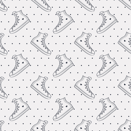Seamless pattern with sneakers and polka dot. Black and white background with hand drawn shoes. Vector illustration.のイラスト素材
