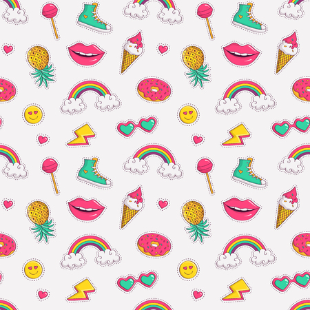 Cute seamless pattern with colorful patch badges. Fashion background in white, pink, blue-green and yellow colors. Vector trendy illustration in 80s-90s comic style.のイラスト素材