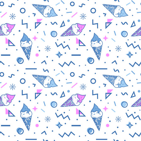 Summer seamless pattern with ice cream and abstract geometric shapes in memphis style. Vector retro background in white, blue and pink colors.のイラスト素材