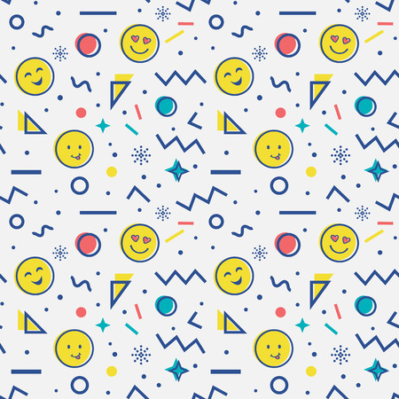 Cute seamless pattern with emoji and abstract geometric shapes in memphis style. Trendy vector background in white, blue, yellow and red colors.のイラスト素材