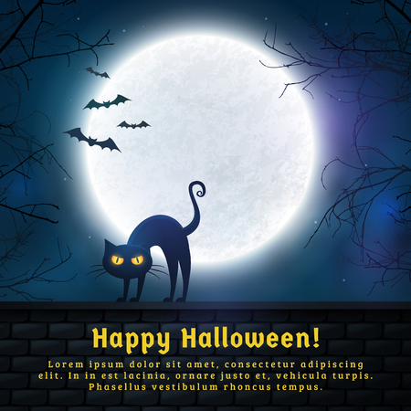 Halloween background with full moon and evil cat vector illustration.のイラスト素材