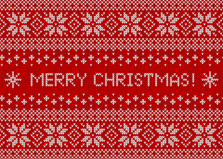 Merry Christmas greeting card with knitted background. Red and white seamless sweater pattern with traditional scandinavian ornament. Vector illustration.のイラスト素材