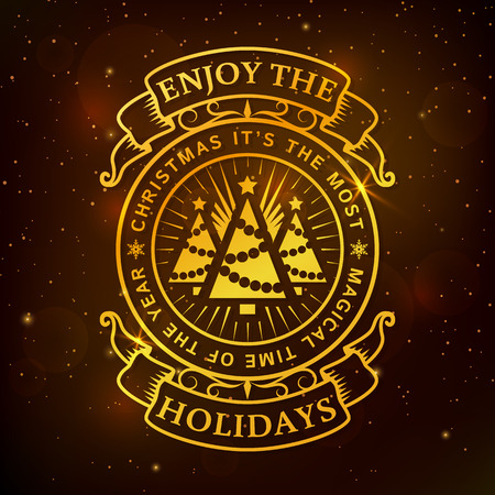 Enjoy the holidays! Christmas greeting card or banner with elegant gold typography badge. Vector illustration.のイラスト素材