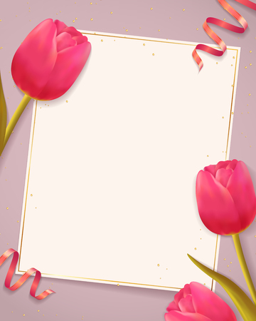 Vector background with pink tulips and blank paper sheet. Holiday banner for Women's Day or Mother's Day greeting cards, or for wedding invitation. Spring illustration with flowers and place for text.のイラスト素材
