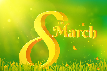 Women's Day card with volumetric number and text. Nature background with grass, flowers, butterflies and sunlight. Vector banner for March 8th.のイラスト素材