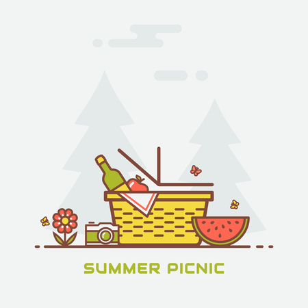 Summer picnic in nature. Vector banner with basket, wine, apple, watermelon, butterflies, camera and with trees on background. Colorful modern line illustration.のイラスト素材