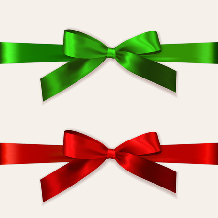 Vector colorful red and green bows with horizontal ribbons isolated on white background. Realistic decorative elements for Christmas design, gift voucher, greeting cards or other holiday decoration.のイラスト素材