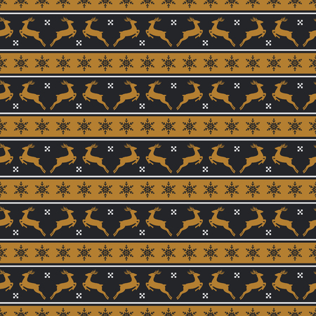 Striped pattern with deers and snowflakes. Seamless background for Christmas, New Year or winter design. Vector illustration in black, gold and white colors.のイラスト素材