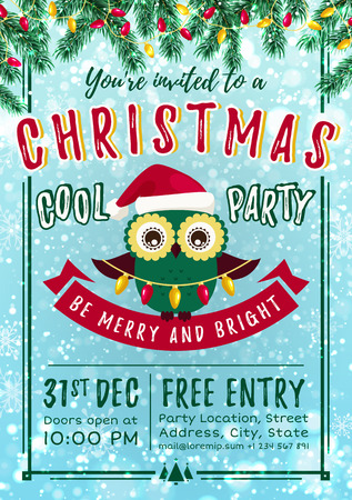 Christmas party invitation with cute owl in Santa hat. Vector template.のイラスト素材