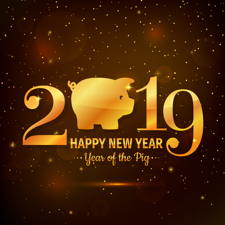 Happy New Year 2019 greeting card. Vector illustration. Shiny gold number with a pig symbol.のイラスト素材