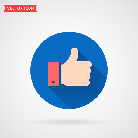 Thumbs up colored flat icon. Hand showing Like sign. Modern circle symbol with long shadow for social media or apps. Vector illustration.のイラスト素材