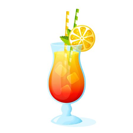 Summer cocktail with orange slice and straws. A glass of alcoholic drink isolated on white background. Vector illustration.のイラスト素材