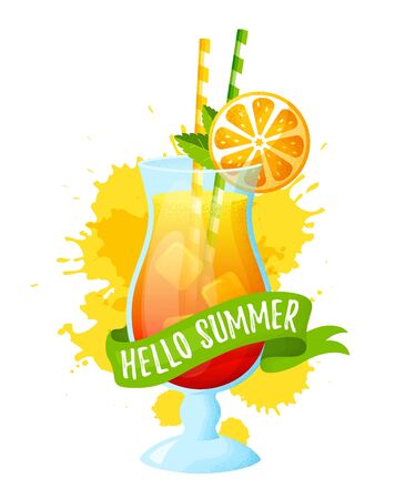 Hello summer! Tropical cocktail in glass. Vector illustration isolated on white background. Modern banner with refreshing drink, ribbon and juice splashes.のイラスト素材