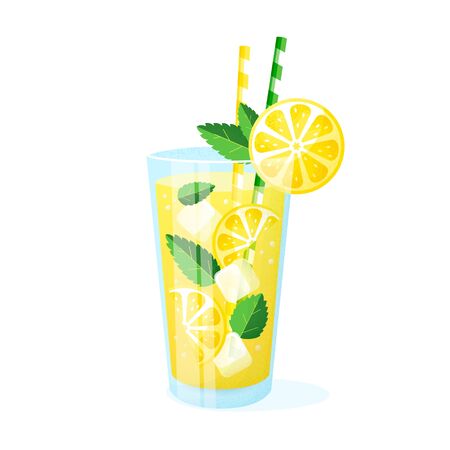 Lemonade in a glass. Vector illustration isolated on white background. Summer fruit drink with straws, lemon slices, ice cubes and mint leaves.のイラスト素材