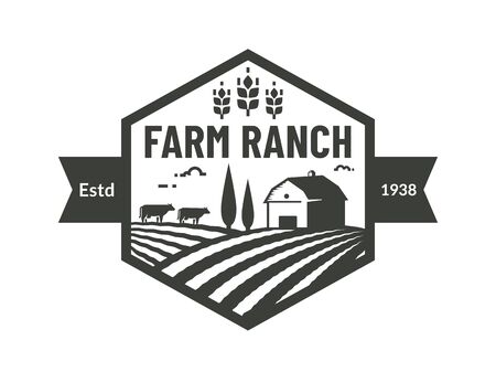 Farm. Template of emblem with farmhouse, cows and wheat ear. Black badge for ranch farming, natural products and organic food company. Vector illustration isolated on white background.のイラスト素材
