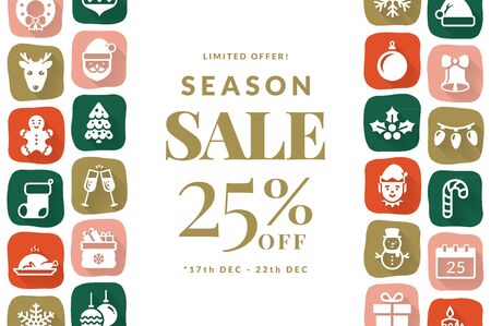 Christmas sale banner with flat icons. Modern background with holiday season symbols and place for text. Horizontal vector template for Christmas and New Year discounts.
のイラスト素材