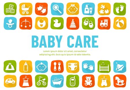 Baby banner with flat icons - childrens toys, food, clothes. Newborn and kids, feeding and care themes. Vector horizontal background with place for text.のイラスト素材