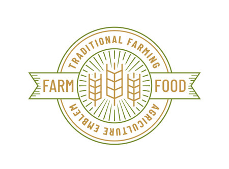Farm food isolated on white background. Line emblem with wheat ear. Outline badge for organic agriculture products. Vector template.のイラスト素材