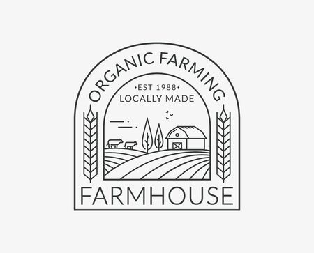 Farm isolated on white background. Line emblem with farmhouse, cows and wheat ear. Black outline badge for natural products and organic food. Vector illustration.のイラスト素材