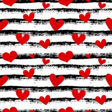 Seamless pattern with hearts and hand drawn stripes. Black and white striped background and red hearts. Modern bright print for love, wedding, Valentine's day or other romantic design. Vector.のイラスト素材