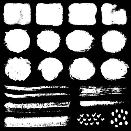 Paint brush strokes and grunge stains isolated on black background. White vector design elements for paintbrush texture, frame, background, banner or text box. Freehand drawing collection.のイラスト素材