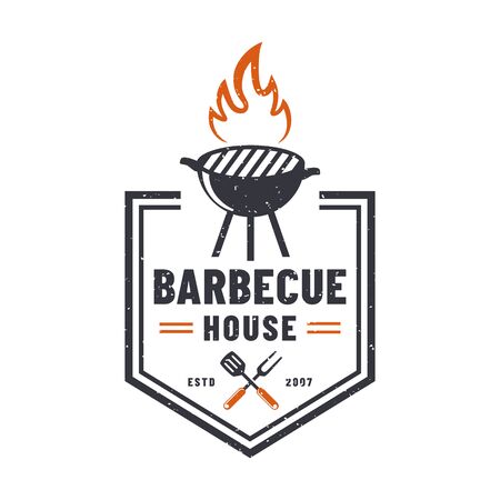 Barbecue house logo isolated on white background. Retro emblem with grill. Vector badge for BBQ restaurant.のイラスト素材
