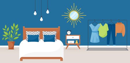 Bedroom interior. Vector illustration. Design of a trendy cozy room with double bed, bedside table, clothes rack, mirror and decor accessories. Home furnishings. Horizontal flat banner.のイラスト素材
