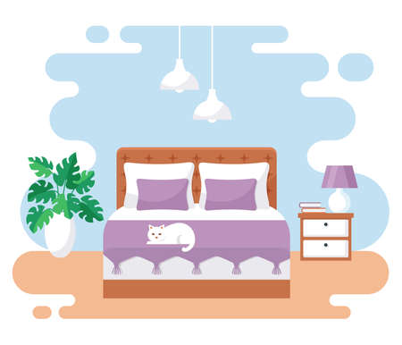 Bedroom interior. Modern banner. Vector. Design of a cozy room with double bed, bedside tables, and decor accessories. Home furnishings. Flat illustration isolated on white background.のイラスト素材