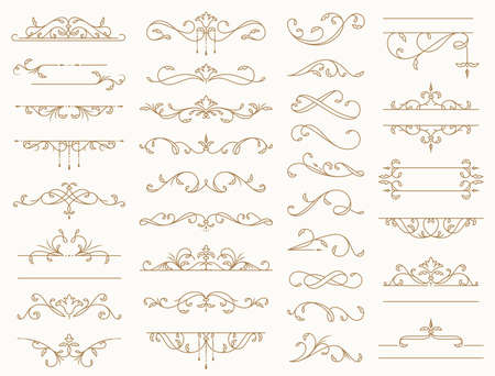 Vintage border ornaments. Set of isolated decorative lines, dividers, swirls, and frames for text. Flourish vector design elements for wedding invitation, restaurant menu, certificate, page decorationのイラスト素材