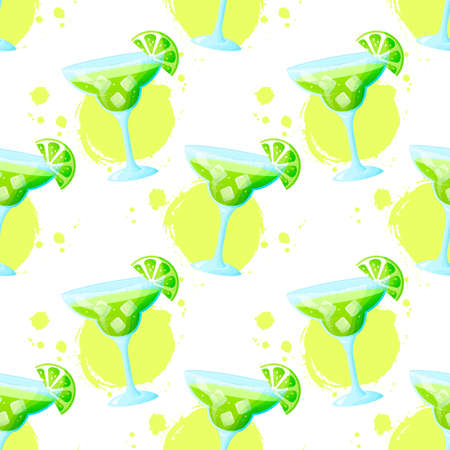 Seamless pattern with Margarita cocktail. Raster background with refreshing summer drink and paint spots.の写真素材