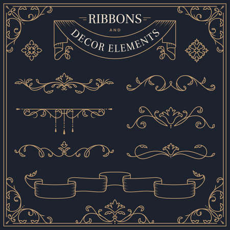 Ribbons, decorative borders, dividers, flourishes, frame. Vector vintage ornaments. Set of golden design elements isolated on dark background.のイラスト素材