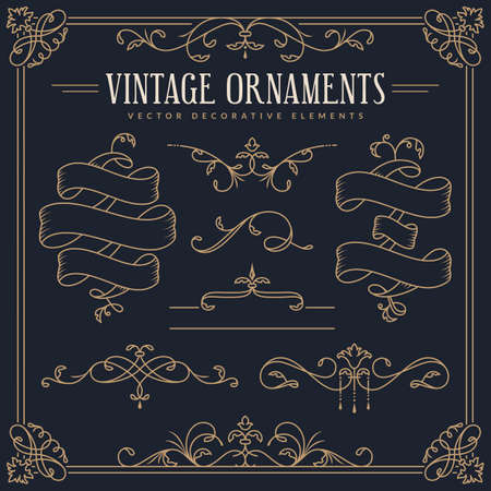 Ribbons, decorative borders, dividers, flourishes, frame. Vector vintage ornaments. Set of golden design elements isolated on dark background.のイラスト素材