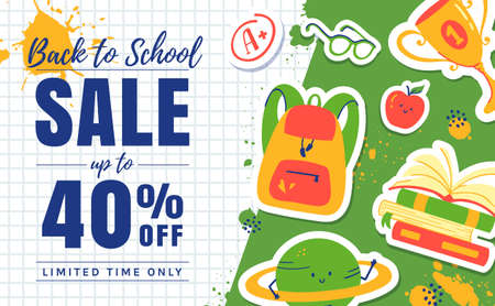 Back to school sale banner. Colorful promo template for school-themed discounts. Vector.のイラスト素材