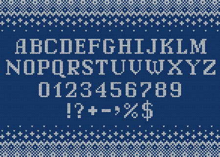 Sweater font. Knitted letters, numbers and symbols for Christmas, New Year or winter season. Alphabet and scandinavian ornaments on blue knit background. Typeface vector design.のイラスト素材