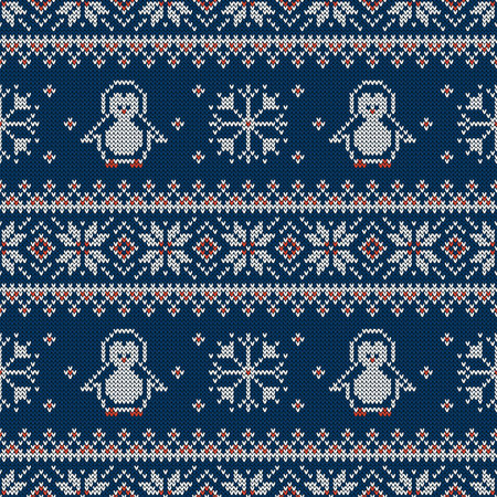 Knitted seamless pattern with penguins, snowflakes, and scandinavian ornament. Winter sweater background. Vector illustration.のイラスト素材