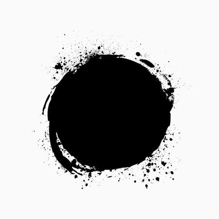 Paint brush stain with ink splashes. Grunge circle shape for frame, banner, text box, clipping masks or other art projects. Vector design element isolated on white background.のイラスト素材