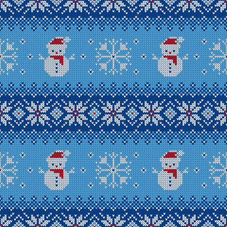 Knitted seamless pattern with snowman, snowflakes, and scandinavian ornament. Sweater background for Christmas, New Year or winter design. Vector illustration.のイラスト素材