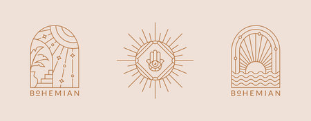 Boho logos. Vector isolated emblems with sun. Elegant line design for esoteric, spiritual therapy practices, travel agencies, outdoor resort, spa hotels, glamping, etc. trendy bohemian aesthetic.のイラスト素材