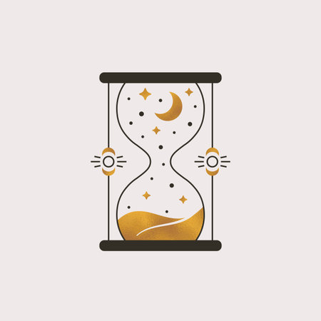 Hourglass logo. Trendy boho illustration with sandglass, moon and stars. Vector isolated esoteric...