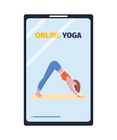 Online yoga classes on modibe device. Fitness and workout from home. Vector illustration.のイラスト素材