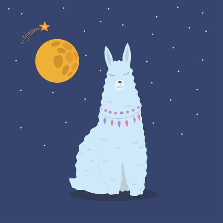 Cute llama vector illustration. Hand drawn alpaca and night sky with stars and moon. Design for greeting card, wallpaper, poster.のイラスト素材