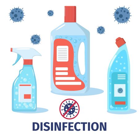 Vector set of cleaning products for disinfection. Virus and bacterial infection prevention. Different bottles of cleanser and disinfectant isolated on white background. Illustration in flat style for poster, banner.のイラスト素材