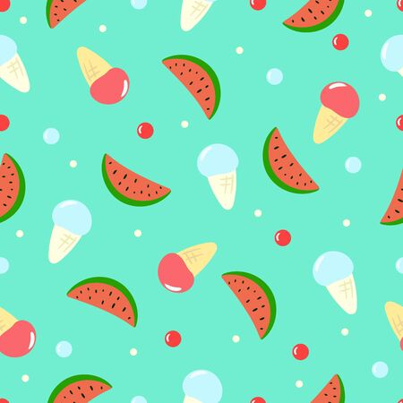Cute summer pattern with watermelons and ice cream. Colorful background for textile, fabric. Seamless design.のイラスト素材