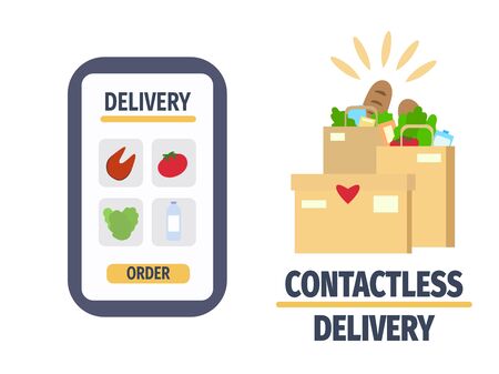 Safe and contactless delivery service. Order food online via mobile application. Vector illustration in flat style. Design for poster, banner.のイラスト素材