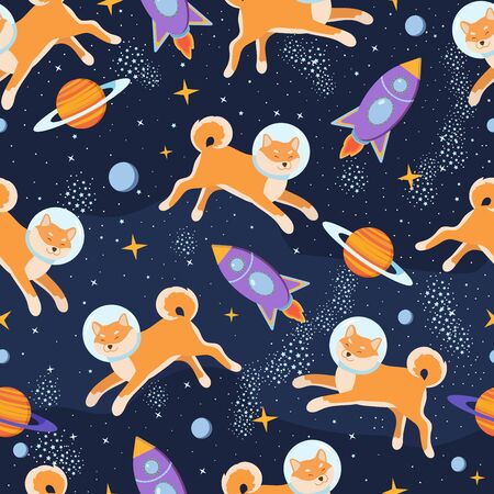 Cute puppy astronaut in cosmos seamless pattern. Shiba inu in space with stars, planets, galaxy, spaceship. Childish design. Vector print for textile, wrapping, nursery, wallpaper.のイラスト素材