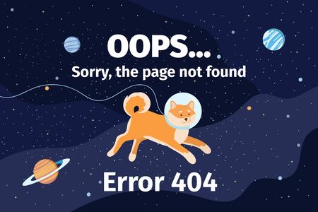 404 error page vector template for website. Page not found with space background with cute shiba inu dog. Text warning.のイラスト素材