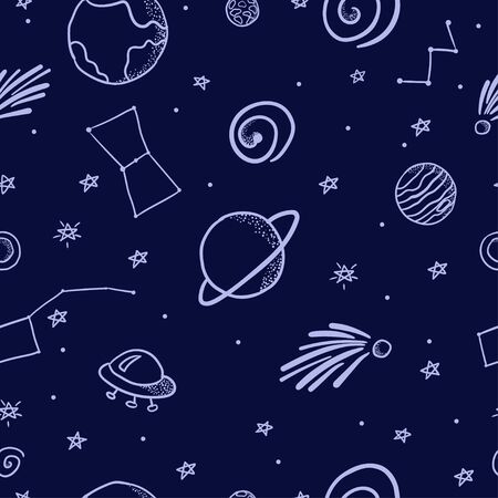 Hand drawn space doodle pattern with planet, stars, asteroid, comet and ufo. Cosmic background. Vector design for textile, wrapping.のイラスト素材