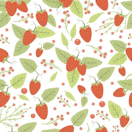 Seamless pattern with strawberries and leaves. Colorful summer background with berries and foliage. Vector illustration. Design for wallpaper, textile, wrapping.のイラスト素材