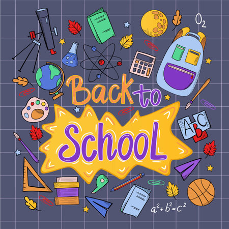 Back to school design template with different study stationery. Cartoon educational supplies. Vector...