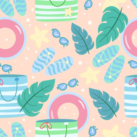 Vector seamless pattern with summer beach accessories. Tropical vacation by the sea. Summertime concept with beach bag, starfish, palm leaves. Vector illustration design for textile, wrapping, banner.のイラスト素材